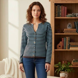 Anthropologie HWR Striped Wool Sweater Cardigan Unique Buttons L Dark Academia